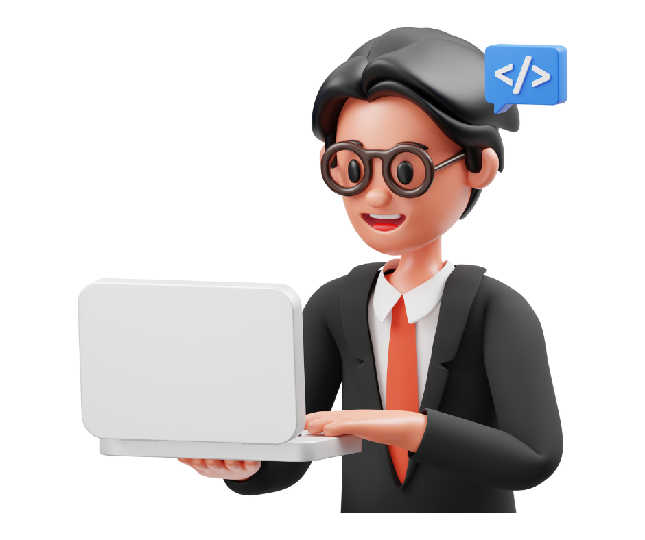 Illustration of a person with glasses holding a laptop, surrounded by icons representing HTML, PHP, and CSS3